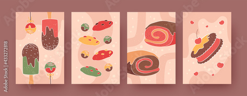 Set of contemporary posters with ice creams and cookies. Biscuit  candies  chocolate rolls pastel vector illustrations. Sweets  desserts concept for social media designs  postcards  invitation cards