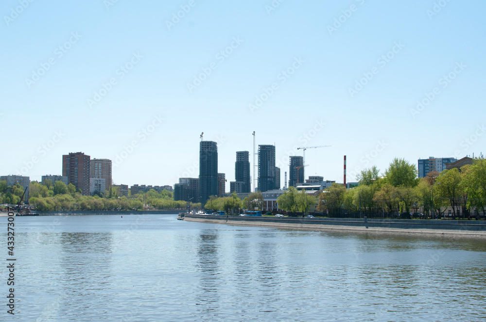 Panoramic views of the city and the river. View of the new city building. May 11, 2021, Moscow, Russia