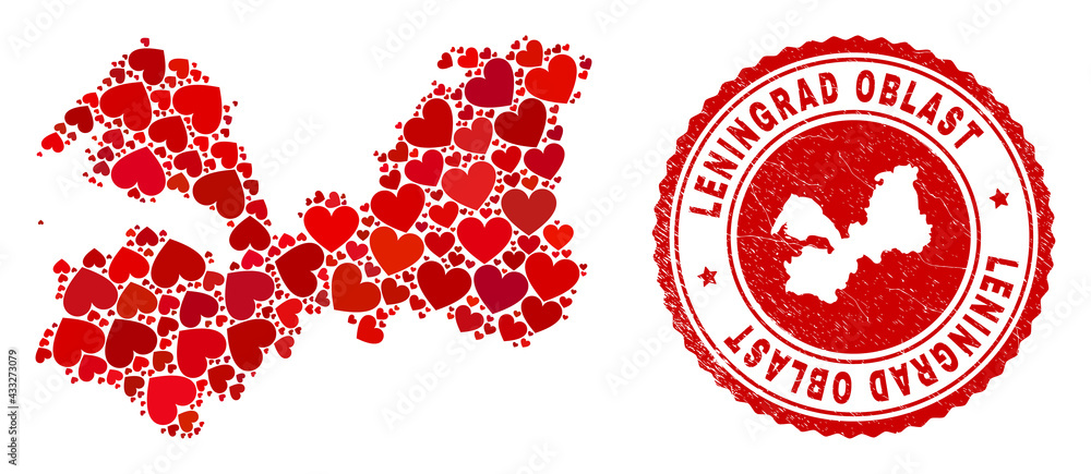 Collage Leningrad Region map composed from red love hearts, and rubber seal stamp. Vector lovely round red rubber badge imitation with Leningrad Region map inside. Collage Leningrad Region map composed from red love hearts, and rubber seal stamp. Vector lovely round red rubber badge imitation with Leningrad Region map inside.
