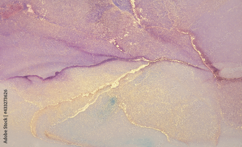Art Abstract watercolor horizontal smoke background. Marble lilac and gold texture. Alcohol ink colors.