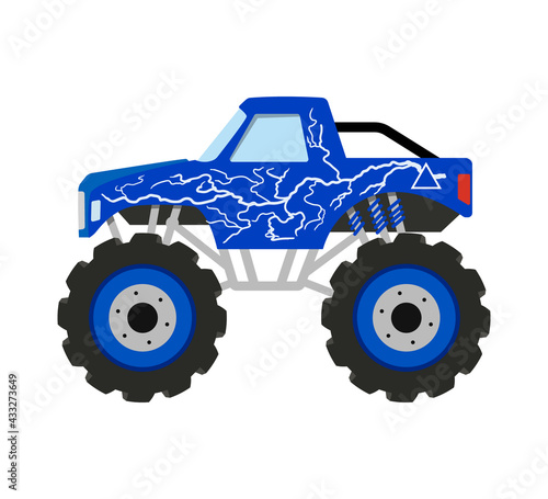 Cartoon monster truck. Big boys car. 4x4 nursery vehicle. Isolated diesel auto. Birthday print