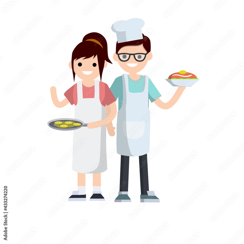 Woman in white apron holding frying pan with pancakes. Woman in white apron holding frying pan with pancakes.