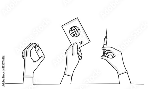 Human hands in medical gloves hold a vaccine, a syringe, a passport.
