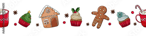 Christmas seamless border with cookie and cupcakes. Isolated elements. Vector illustration