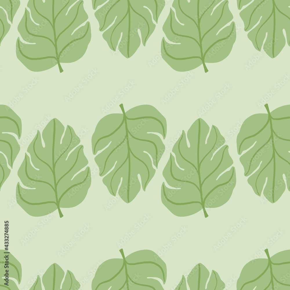Green monstera leaves seamless pattern in minimalistic style. Palm foliage print with grey background.