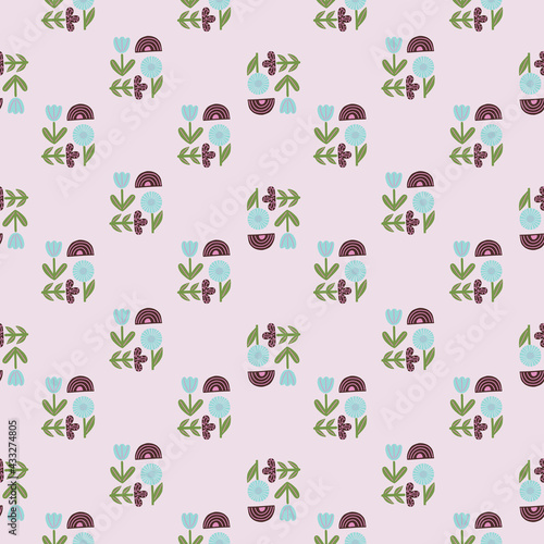 Seamless botanic pattern with doodle purple  green and blue flowers ornament. Rainbow elements.