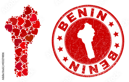 Mosaic Benin map created with red love hearts, and corroded badge. Vector lovely round red rubber badge imitation with Benin map inside. Geographic abstraction of Benin map with red valentine symbols.