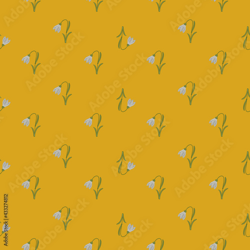 Little blue bell flowers ornament seamless pattern. Orange bright background. Natural floral backdrop.