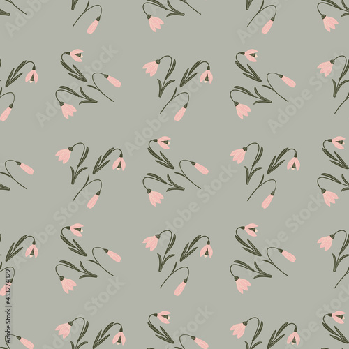 Pink bluebell seamless pattern in hand drawn floral stylistic. Pastel blue background. Botanic nature backdrop.