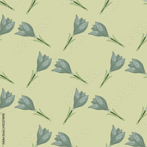 Pale blue seamless pattern with contoured outline crocus flower ornament. Light beige background. Simple style.