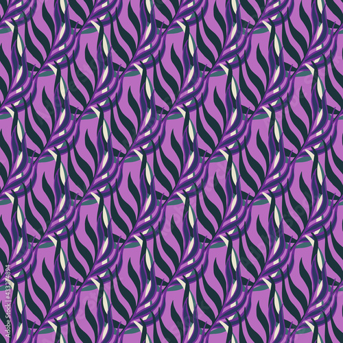 Abstract seamless doodle pattern with purple palette tropic leaf branches ornament. Bright creative design.