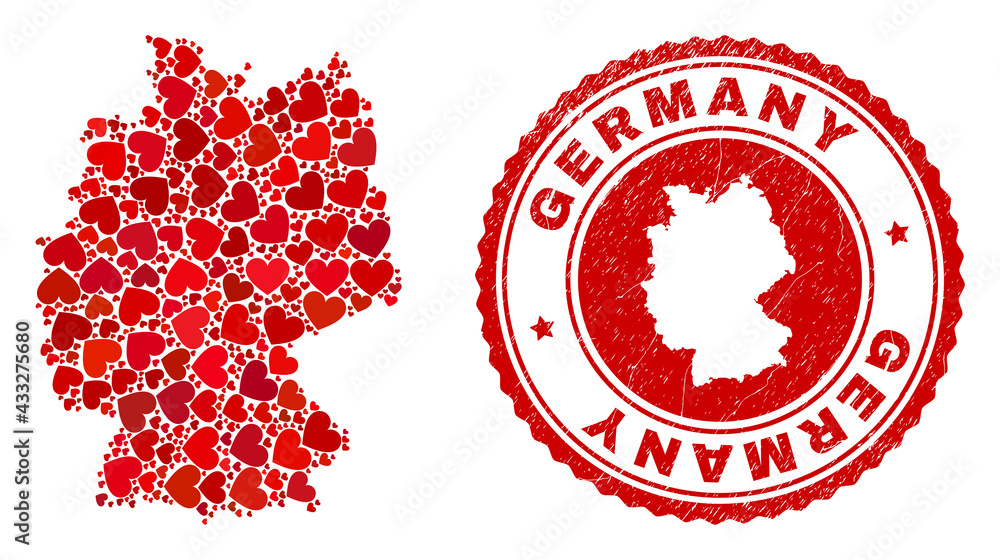 Collage Germany map composed with red love hearts, and dirty seal. Vector lovely round red rubber seal stamp imprint with Germany map inside. Collage Germany map composed with red love hearts, and dirty seal. Vector lovely round red rubber seal stamp imprint with Germany map inside.