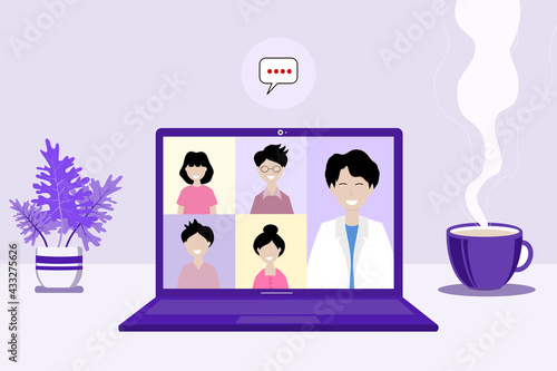 Flat design concept of online education training and courses, meeting, video tutorials on laptop. Vector illustration material, presentation template, online advertising. Can be used for your work.