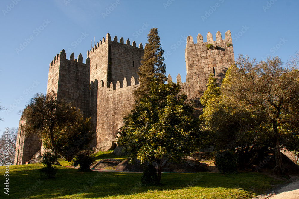 The 10th Century Guimaraes Castle (Castelo de Guimaraes) in Guimaraes Portugal, considered the most famous castle in the country 