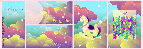 set of beautiful postcards with hand drawn fluffy watercolor clouds and unicorn. Sweet dreams of a newborn baby. For birthday, housewarming, party, toy stores