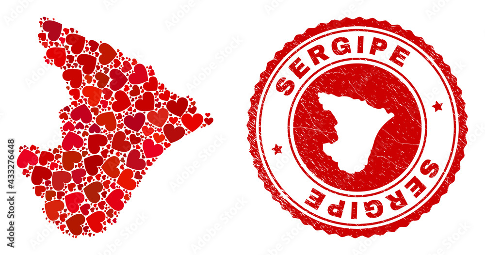 Mosaic Sergipe State map formed with red love hearts, and dirty seal stamp. Vector lovely round red rubber seal stamp imitation with Sergipe State map inside. Mosaic Sergipe State map formed with red love hearts, and dirty seal stamp. Vector lovely round red rubber seal stamp imitation with Sergipe State map inside.