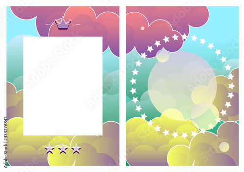 set of beautiful postcards with hand drawn fluffy watercolor clouds. Sweet dreams of a newborn baby. For birthday, housewarming, party, toy stores