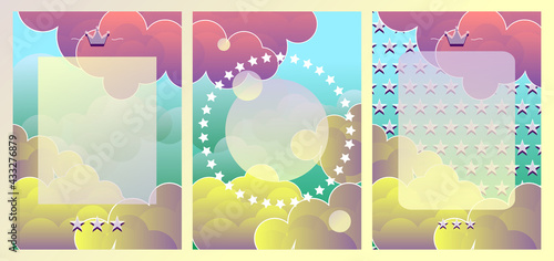 set of beautiful postcards with hand drawn fluffy watercolor clouds. Sweet dreams of a newborn baby. For birthday, housewarming, party, toy stores