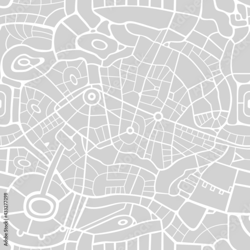 Seamless city map pattern. Vector repeating background with a schematic road map of an abstract city on a gray backdrop. Decorative urban texture, suitable for wallpaper design, wrapping paper, fabric