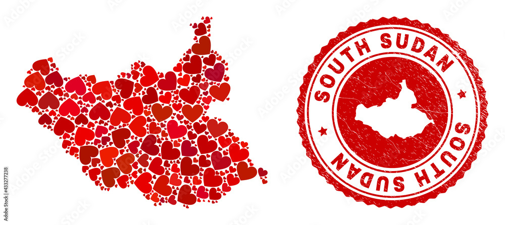 Collage South Sudan map composed with red love hearts, and grunge seal stamp. Vector lovely round red rubber seal stamp imprint with South Sudan map inside. Collage South Sudan map composed with red love hearts, and grunge seal stamp. Vector lovely round red rubber seal stamp imprint with South Sudan map inside.