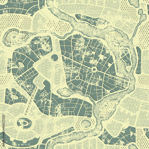 Seamless pattern in form of an old abstract city map in grunge style. Residential districts with parks and river on vintage beige backdrop. Vector monochrome background with roads map and streets plan