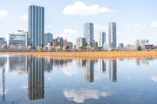 Reflection of Tokyo Skyline in Ueno Park
