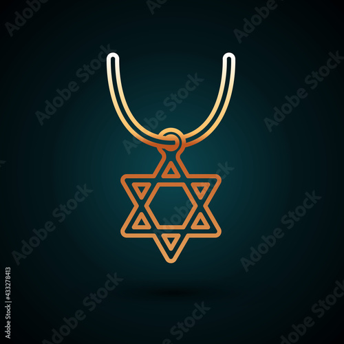 Gold line Star of David necklace on chain icon isolated on dark blue background. Jewish religion symbol. Symbol of Israel. Jewellery and accessory. Vector