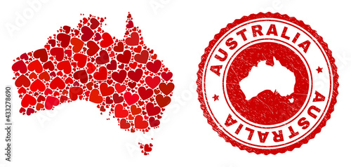 Collage Australia map formed from red love hearts, and rubber badge. Vector lovely round red rubber stamp imprint with Australia map inside.