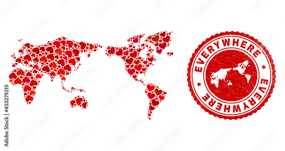 Collage world map composed with red love hearts, and dirty badge. Vector lovely round red rubber badge imprint with world map inside. Geographic abstraction of world map with red valentine symbols. Collage world map composed with red love hearts, and dirty badge. Vector lovely round red rubber badge imprint with world map inside. Geographic abstraction of world map with red valentine symbols.
