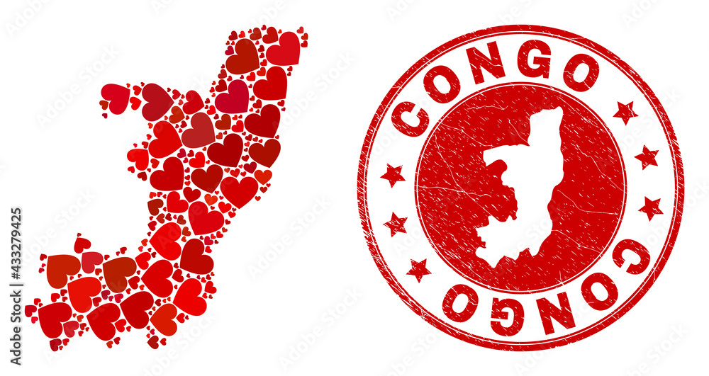 Collage Republic of the Congo map composed with red love hearts, and scratched seal stamp. Vector lovely round red rubber stamp imitation with Republic of the Congo map inside. Collage Republic of the Congo map composed with red love hearts, and scratched seal stamp. Vector lovely round red rubber stamp imitation with Republic of the Congo map inside.