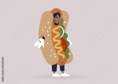 A young male Black character wearing a giant hot dog costume, a fast food restaurant promo, marketing