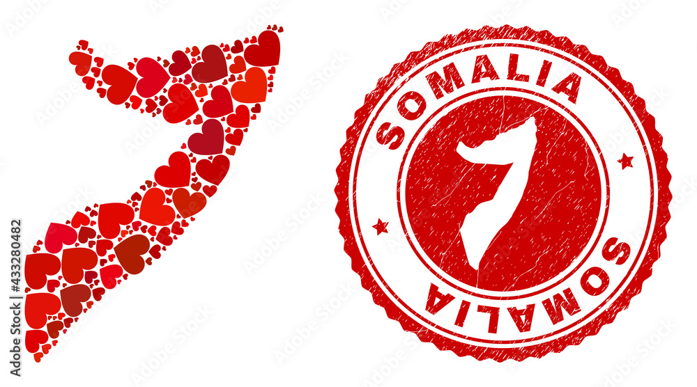 Mosaic Somalia map created with red love hearts, and unclean seal stamp. Vector lovely round red rubber seal stamp imitation with Somalia map inside. Mosaic Somalia map created with red love hearts, and unclean seal stamp. Vector lovely round red rubber seal stamp imitation with Somalia map inside.
