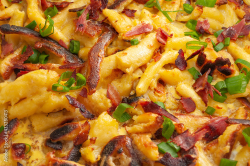 baked pasta with ham and cheese, Italian food