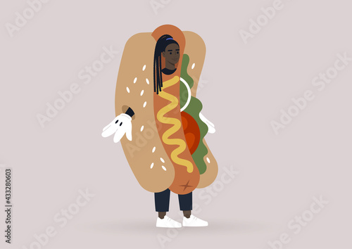 A young female Black character wearing a giant hot dog costume, a fast food restaurant promo, marketing