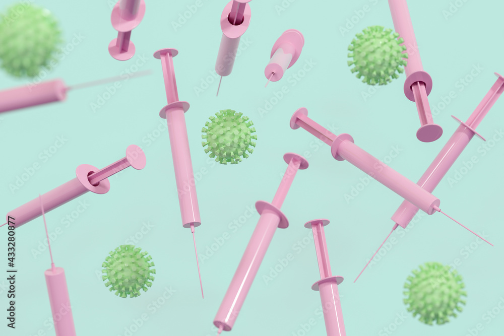 Digitally generated image of pink syringes and COVID-19 virus Digitally generated image of pink syringes and COVID-19 virus