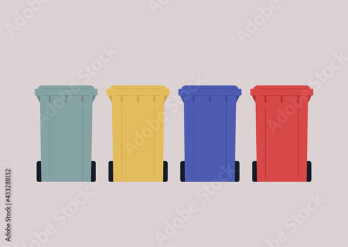 A set of colorful waste bins, garbage recycling