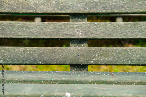 Translucent shabby wooden planks of a garden bench, screwed on with black self-tapping screws.