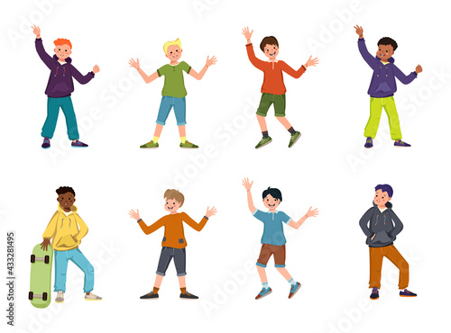 Boys or teenagers of different nationalities  with dark and blonde hair color  red. Happy kids with faces and smiles in hoodies  t-shirts  pants and shorts. Black and fair skinned people