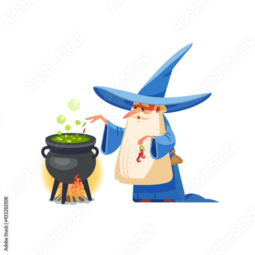 Wizard. Mysterious male magician in robe spelling oldster merlin vector cartoon characters. Sorcerer character in costume, spell magician, witchcraft and magical illustration.