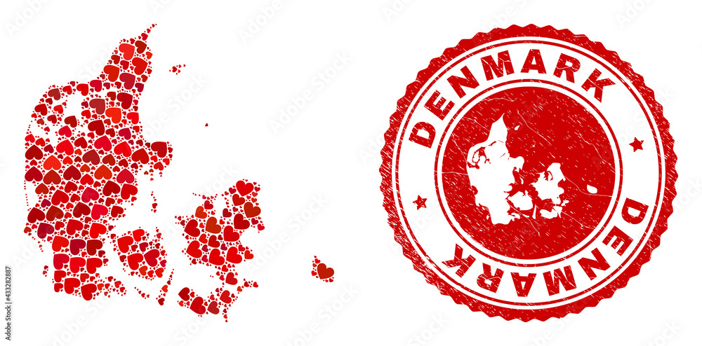 Mosaic Denmark map formed with red love hearts, and unclean stamp. Vector lovely round red rubber seal stamp imprint with Denmark map inside. Mosaic Denmark map formed with red love hearts, and unclean stamp. Vector lovely round red rubber seal stamp imprint with Denmark map inside.