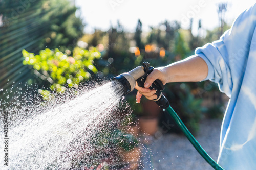 Woman watering with garden hose at front yard photo