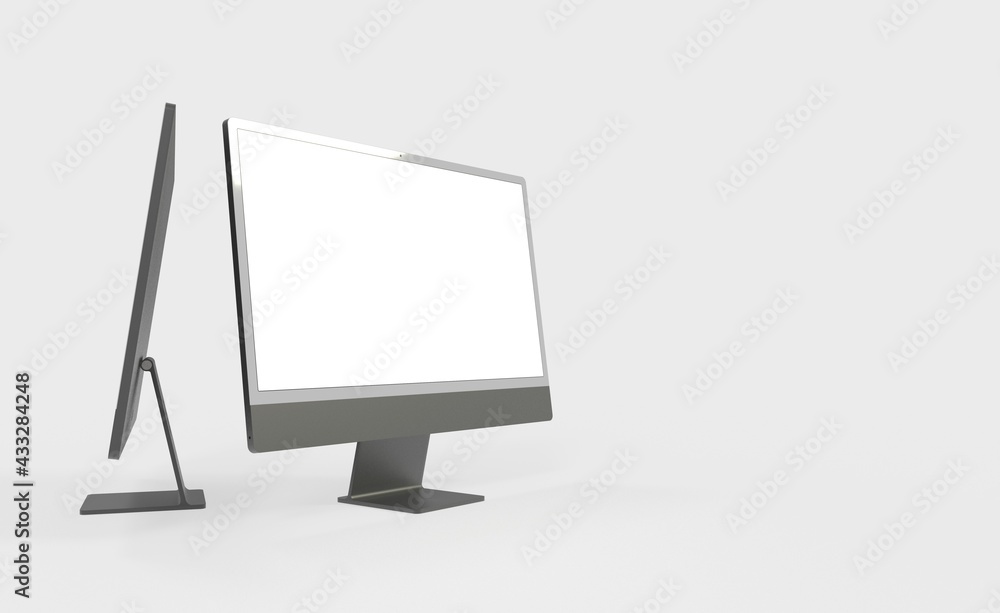 Realistic 3D new display imac Computer, with a white screen, isolated on a background Realistic 3D new display imac Computer, with a white screen, isolated on a background