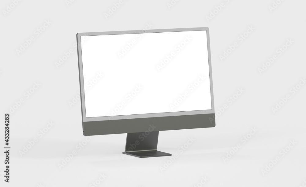 Realistic 3D new display imac Computer, with a white screen, isolated on a background Realistic 3D new display imac Computer, with a white screen, isolated on a background