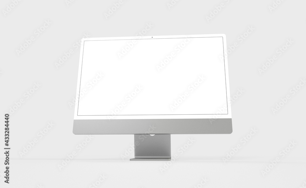 Realistic 3D new display imac Computer, with a white screen, isolated on a background Realistic 3D new display imac Computer, with a white screen, isolated on a background