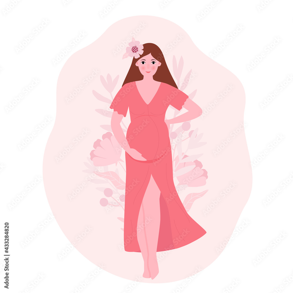 A pregnant young woman in a long dress. Beautiful girl future mother among the flowers. Flat vector illustration, maternity and health concept for design, postcards and flyers. A pregnant young woman in a long dress. Beautiful girl future mother among the flowers. Flat vector illustration, maternity and health concept for design, postcards and flyers.