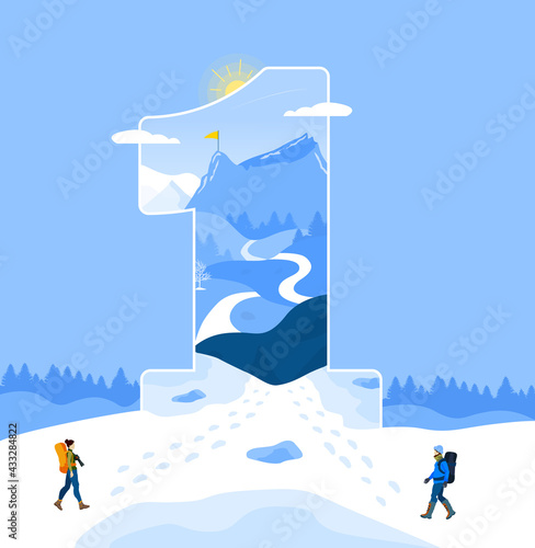 1 year anniversary celebration illustration. 1st Anniversary celebration in the mountain. First Year Mountain illustration. Happy first birthday. Mountains and forest. Landscape Vector illustration