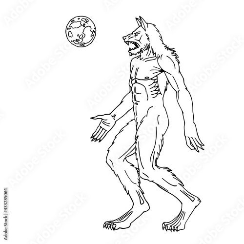 angry werewolf walking under the moon, fantasy character, spooky monster, vector illustration with black ink contour lines isolated on white background in cartoon and hand drawn style