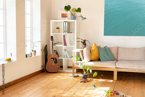 Sunlight falling in modern living room at home