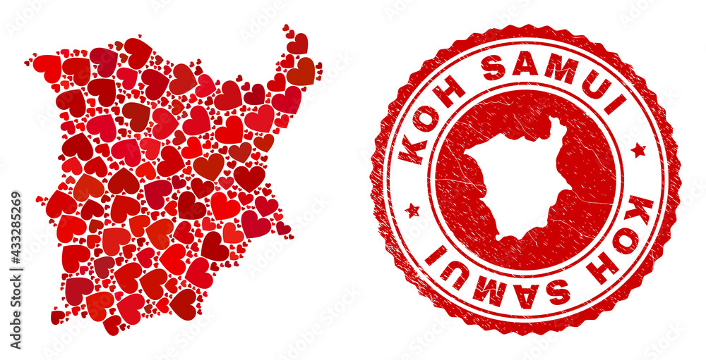 Collage Koh Samui map created with red love hearts, and dirty seal stamp. Vector lovely round red rubber seal stamp imprint with Koh Samui map inside. Collage Koh Samui map created with red love hearts, and dirty seal stamp. Vector lovely round red rubber seal stamp imprint with Koh Samui map inside.