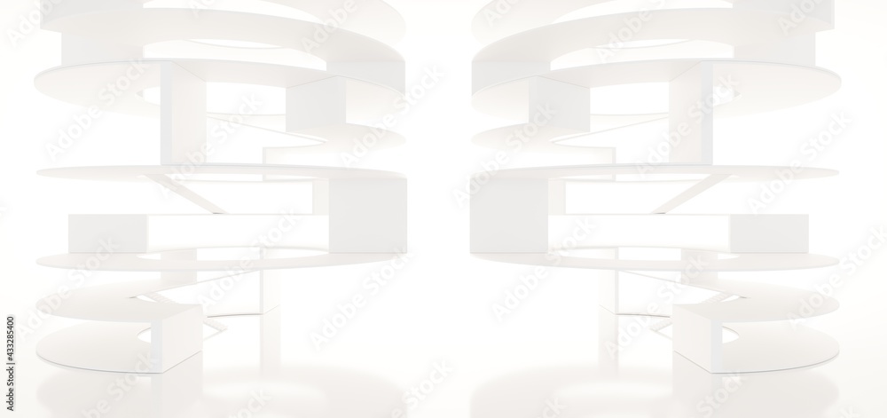 Luxury white abstract architectural minimalistic background. Contemporary showroom. Modern exhibition stand. Empty gallery. Backlight. Polygonal Graphic Design. 3D illustration and rendering.